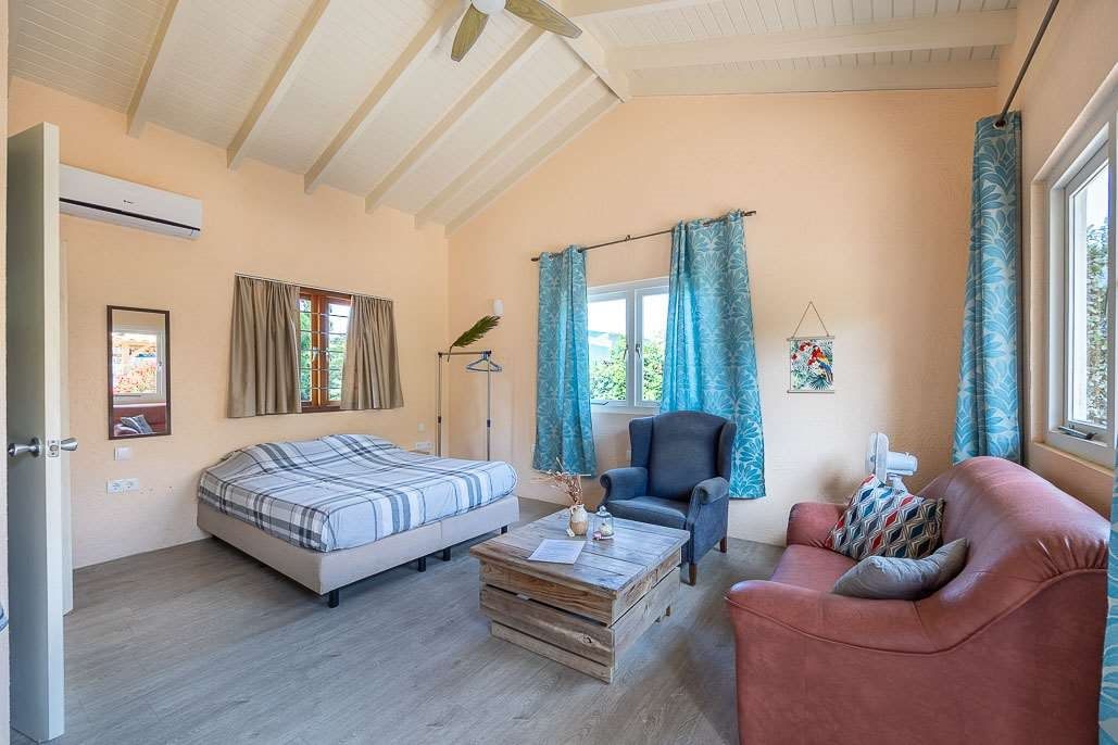 Studio met tweepersoonsbed en zithoek onder een schuin plafond